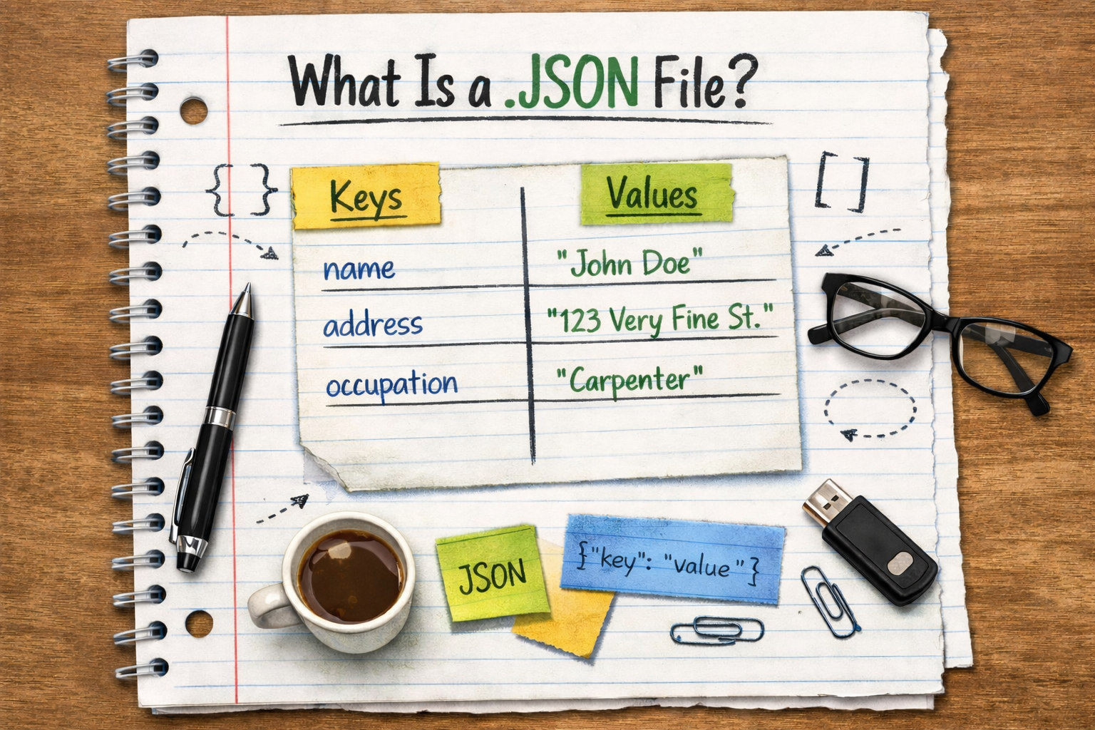 Notebook and index card showing structured data format