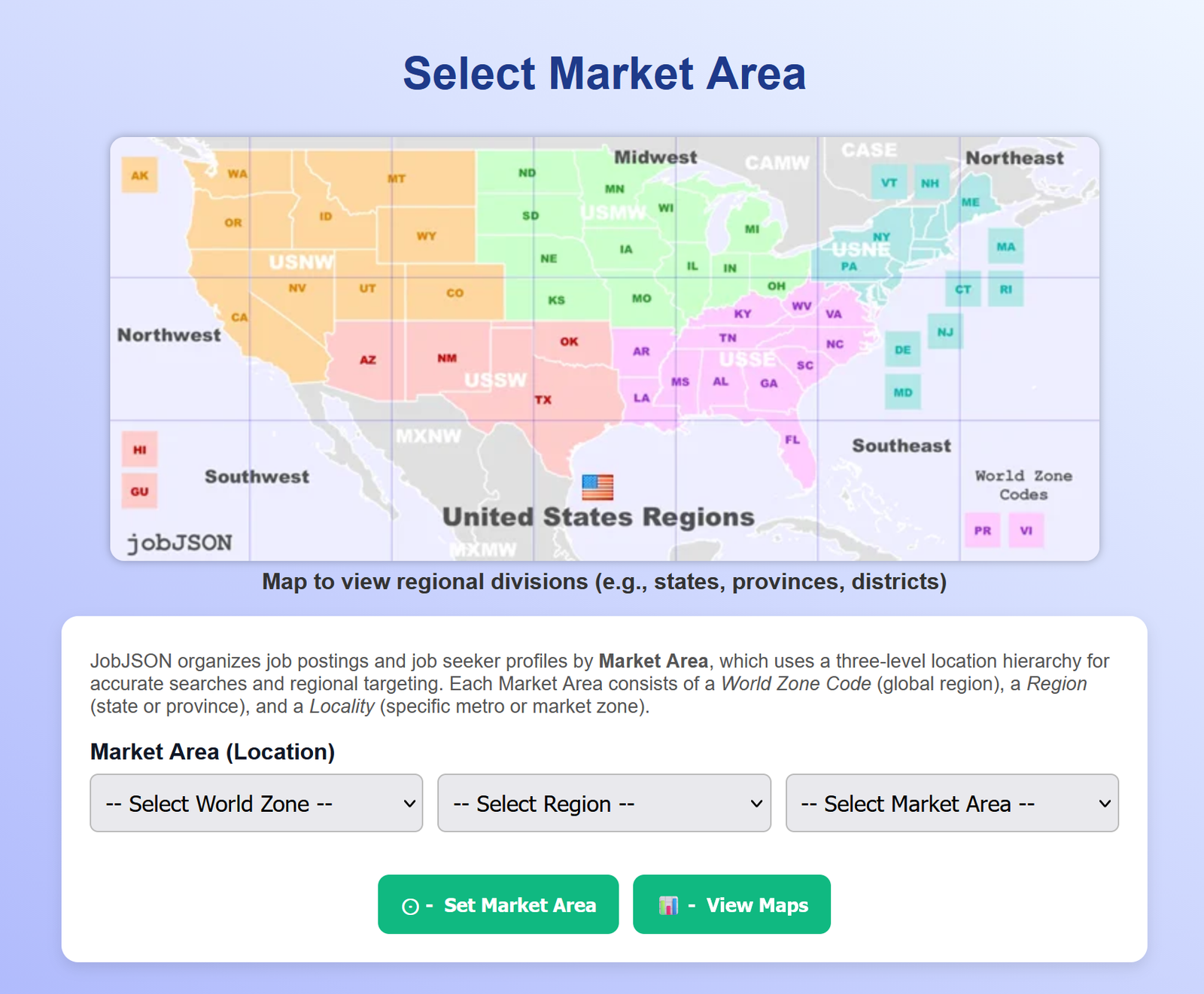 jobJSON.ai market area selection interface showing map and location options